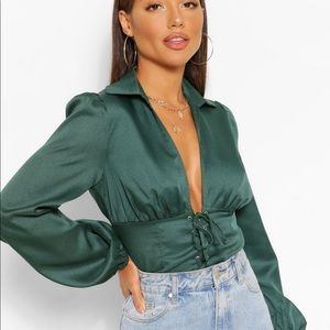 EMERALD WOVEN LACE UP CORSET TOP, NWT